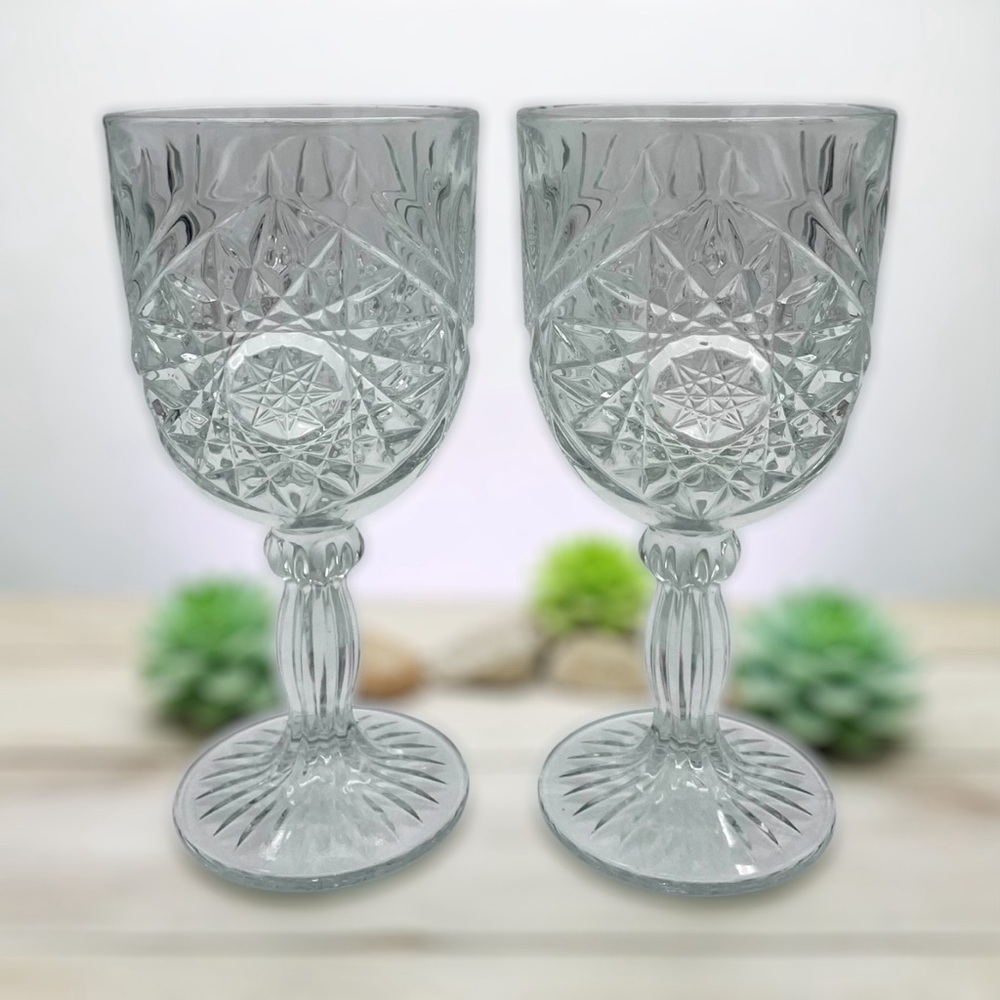 Libbey Hobstar Heavy Pressed Glass Double Goblet Ribbed Stem Set Of 2 Glasses